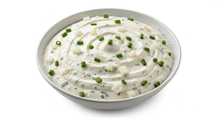 Creamy sour cream and onion dip garnished with fresh chives and diced onions in a white bowl, isolated on a white background. Perfect for appetizers or snacks.
