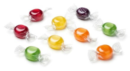 A vibrant assortment of colorful hard candies, individually wrapped in clear plastic, scattered on a clean white background. Sweet and tempting treats in various fruit flavors.
