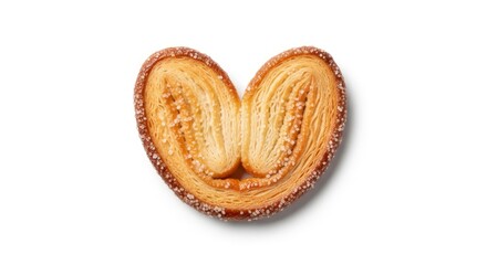 Delicious heart-shaped Palmier pastry, golden brown and coated with sparkling sugar crystals, isolated on a white background. A sweet, flaky baked treat.