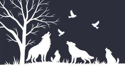 Howling wolves silhouette with birds flying, wild forest scene, nature wildlife, animal pack, moonlight background, peaceful wilderness, outdoor adventure vector illustration