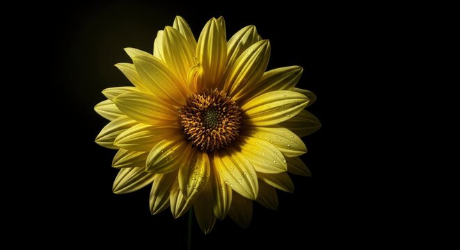 Vibrant yellow flower with delicate dew drops on its petals, set against a dramatic black background, highlighting its natural beauty and intricate details.