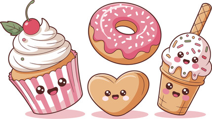 Kawaii desserts clipart, cute cupcake donut ice cream vector, heart cookie illustration, pink sweet cartoon food with smiling faces