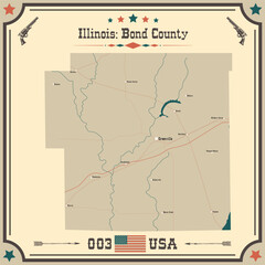 Large and accurate map of Bond County, Illinois, USA with vintage colors.
