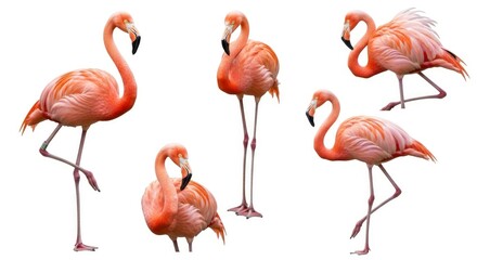 A collection of vibrant pink flamingos in various elegant poses, isolated on a clean white background, showcasing their striking plumage and graceful forms.