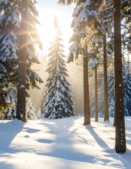 Sunlit snowy forest