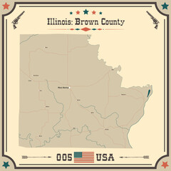 Large and accurate map of Brown County, Illinois, USA with vintage colors.