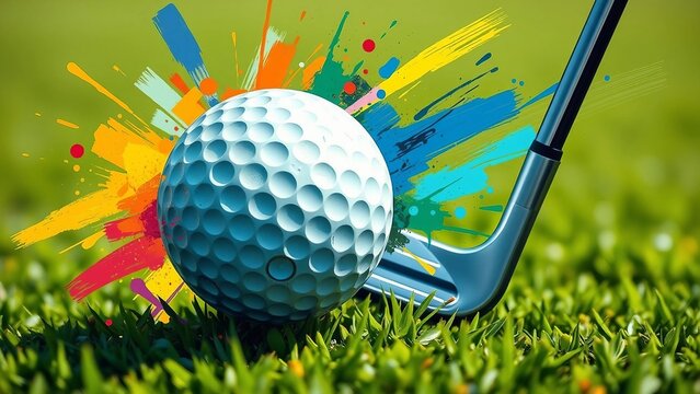 Vibrant golf ball and club with abstract colorful brush strokes, modern artistic sports design full of energy and creativity.