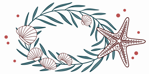 Seashells and starfish wreath with leaves and dots in a decorative design with a white background