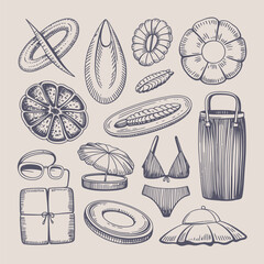Vintage sketch of summer and beach items on a light background vacation holiday