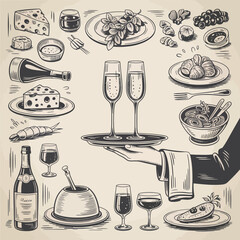 Vintage sketch of fine dining food and drinks with waiter serving champagne Keywords: food