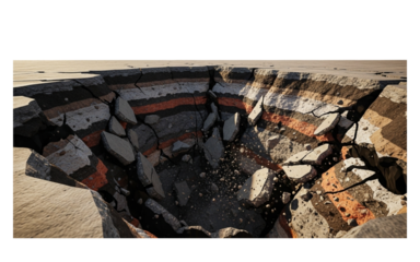A large sinkhole in the ground with layers of different colored earth and broken pieces of concrete visible