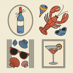 Vintage Style Illustration of Lobster, Wine Bottle, Cocktail, and Beach Items Keywords: lobster