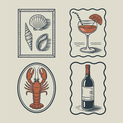 Vintage style illustrations of seashells, cocktail, lobster, and wine bottle retro