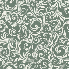 Seamless Vintage Decorative Baroque Swirl Pattern On Green Background