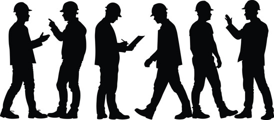 Silhouettes of construction workers in safety helmets, standing and walking poses, industrial laborers, hardhat professionals, building site teamwork, black vector figures, workmen set
