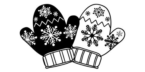 Two mittens adorned with snowflakes one black and one white interlocking at the striped cuffs design