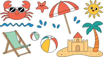 Summer beach vector set, cartoon sea elements, sandcastle and umbrella illustration, cute crab with sunglasses, tropical vacation clipart for kids design