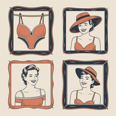 Vintage swimsuit and women portraits in frames on beige background Keywords: vintage, swimsuit