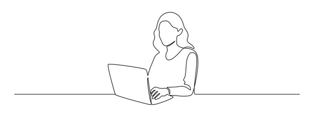 Woman with laptop computer in one continuous line drawing. Symbol of businesswoman and female student in simple linear style. Searching concept in Editable stroke. Oneline vector illustration