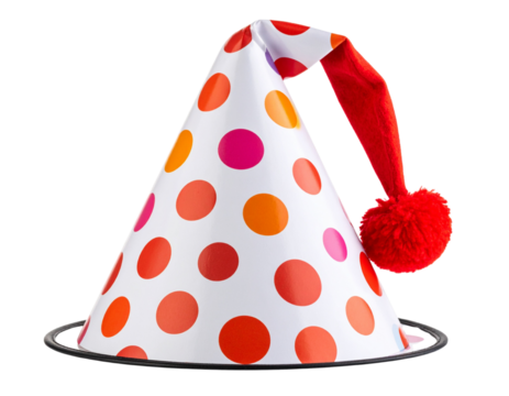 Tilted Polka Dot Party Hat with Red Pom Pom, Side Angle View, Isolated PNG