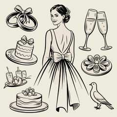 Wedding celebration elements including bride rings cake champagne and dove Keywords: wedding