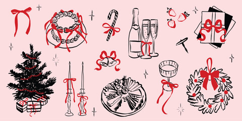 Whimsical chalk doodles of Christmas party. Quirky icons of breakfast and dinner meals in crayon style. Crayon drawing for menus and invitations. Festive charcoal vector illustration