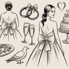 Wedding elements including bride, cake, rings, champagne, and dove vector illustration