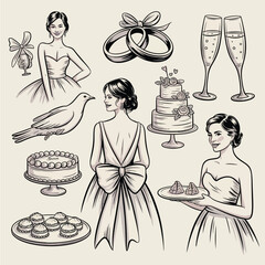 Wedding elements including brides cakes rings champagne and dove vector illustration