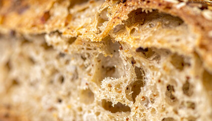 Close-up and texture of a cross section of wholemeal bread with mixed grains