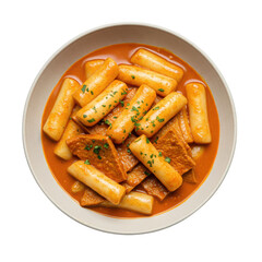 Tteokbokki korean rice cakes in bowl isolated on transparent background