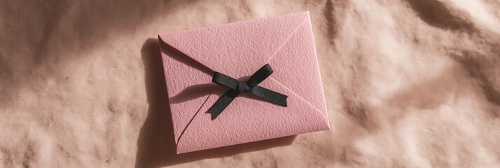 Condolence card with textured paper and black satin ribbon on dusty rose background, funeral concept, grief