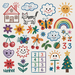 Whimsical Childrens Drawing Style Collection of Objects and Animals Keywords: children drawing