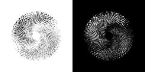 Dynamic abstract spiral sound wave rhythm lines. Circular spiral sound wave rhythm of lines. Circular futuristic abstract lines, black and white background.