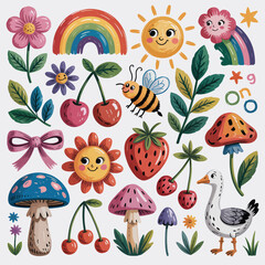 Whimsical collection of cartoon sun, rainbow, flowers, mushrooms, and animals Keywords: sun