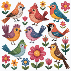 Whimsical collection of colorful cartoon birds and flowers on white background Keywords: birds