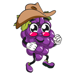 cute grape fruit mascot character vector illustration wearing a cowboy hat walking, work of hand drawn