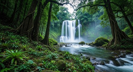 Waterfall in Rainforest with River Flowing Through Mossy Rocks in a Costa Rican Landscape