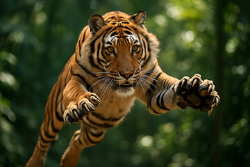 Fearless tiger roaring with claws extended in active hunting stance in forest terrain.