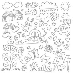 Whimsical doodle collection of cute cartoon elements for children house rabbit