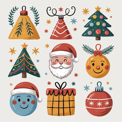 Whimsical Hand Drawn Christmas Decorations and Santa Claus Face Keywords: Christmas, decorations
