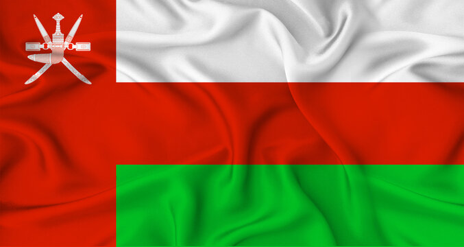 Realistic Oman flag waving. Close up of flag of Oman with cloth texture