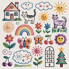 Whimsical hand-drawn illustrations for children featuring cats, houses, and nature Keywords: cat