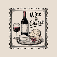 Wine and cheese postage stamp illustration with bottle and glass vector