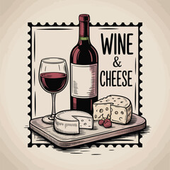 Wine and cheese still life illustration with bottle, glass, and cheese board red wine