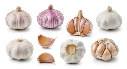 A diverse collection of fresh garlic, featuring whole bulbs, a halved bulb showing cloves, and individual cloves, all isolated on a pristine white background.