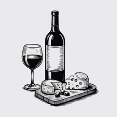 Wine Bottle Cheese and Olives Still Life Illustration glass