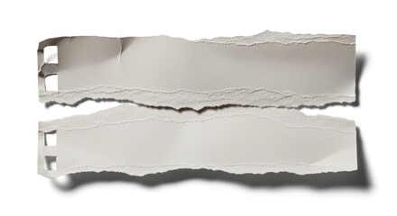 Fototapeta premium Two pieces of torn, textured light grey paper with rough edges and binder holes, separated on a white background with subtle shadows, creating a versatile abstract backdrop.
