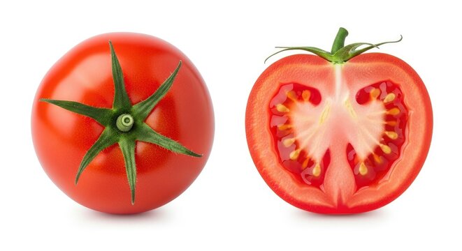 Vibrant red whole tomato and a juicy half-cut tomato, revealing seeds and pulp, isolated on a white background. Fresh and ripe produce for healthy cooking.