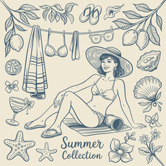 Woman in bikini and sun hat with summer collection text and beach elements towel