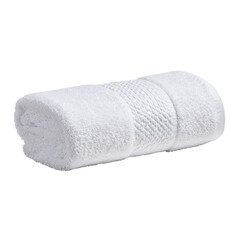 Rolled white cotton hand towel, studio shot, clean background, bathroom textile